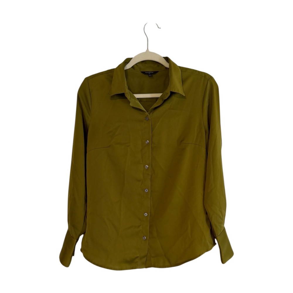 Banana Republic Silky Classic Blouse Dark Palm Green S Womens Long Sleeve Button